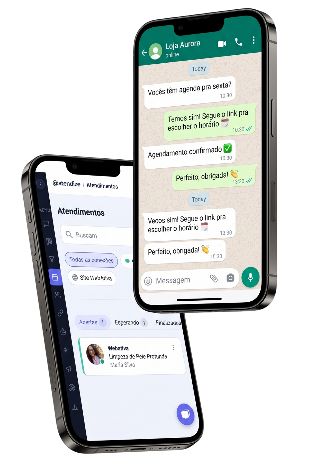 Tela do Atendize mostrando a lista de Atendimentos por trás de uma conversa aberta no WhatsApp