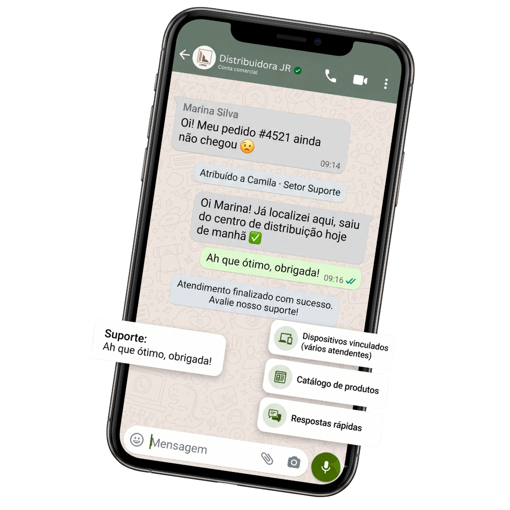 Tela de atendimento do WhatsApp no Atendize, com dispositivos vinculados, catálogo de produtos e respostas rápidas