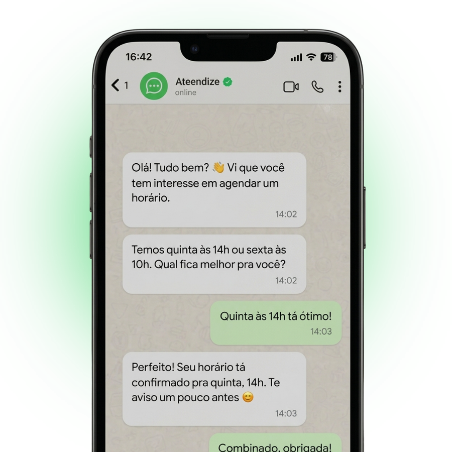 Conversa de agendamento pelo WhatsApp no Atendize, com confirmação automática de horário